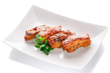 Restaurant food - grilled steak on white