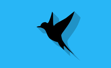 Vector black bird symbol icon with long shadow on flat background