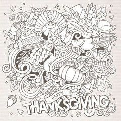 Cartoon vector hand-drawn Doodle Thanksgiving. Sketchy design ba