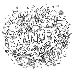 Winter hand lettering and doodles elements background