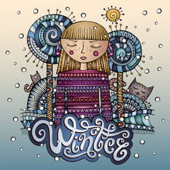 Vector decorative cartoon winter girl postcard