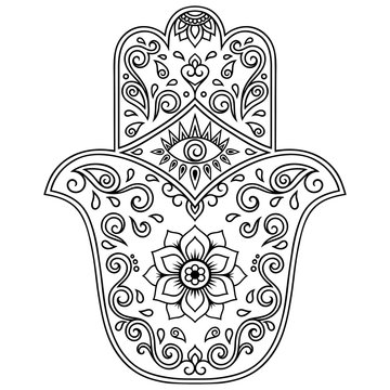 Vector hamsa hand drawn symbol. Decorative pattern in oriental style for the interior decoration and drawings with henna. The ancient symbol of the " Hand of Fatima ".
