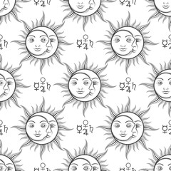 Mystical seamless pattern with alchemy elements and sun and moon. Vector illustration