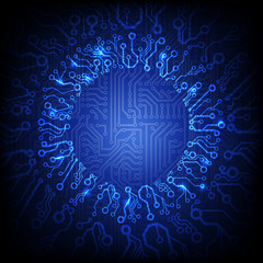 Vector circuit board background with the glowing circle