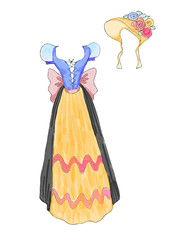 Dress gown with lacing top, skirt with satin bow in bavarian style from fairytale with flower hat drawn by watercolor