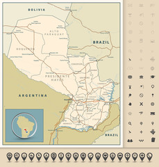 Obraz premium Highly detailed road map of Paraguay with roads, railroads and navigation icons