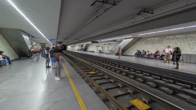 Tram in the underground staion in Porto, Portugal timelapse
