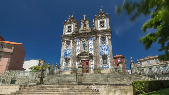 Church of Saint Ildefonso timelapse hyperlapse, covered with typical Portuguese tiles called Azulejos in Porto, Portugal.