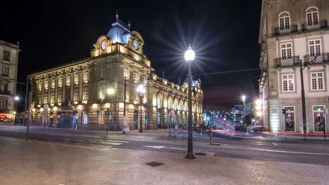 The crossroads with the Sao Bento Railway Station timelapse hyperlapse. The building of station is a popular tourist attraction of Europe.