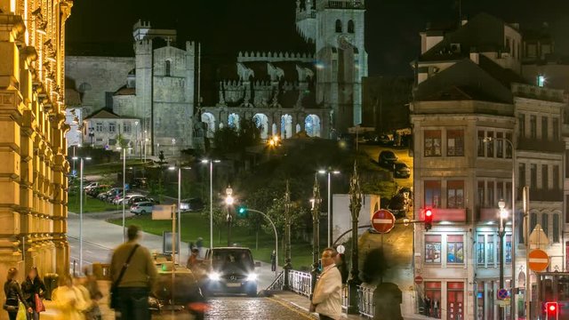 The crossroads with the Sao Bento Railway Station and Porto Cathedral timelapse. 