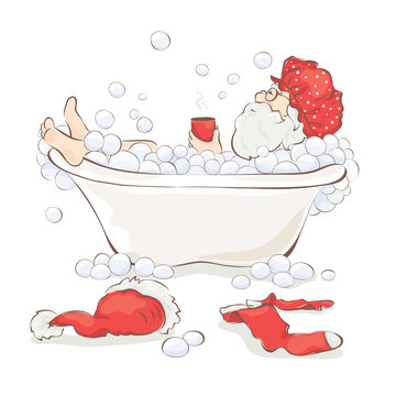 Santa after work / Grandfather relaxing in a bath with a cup of hot drink