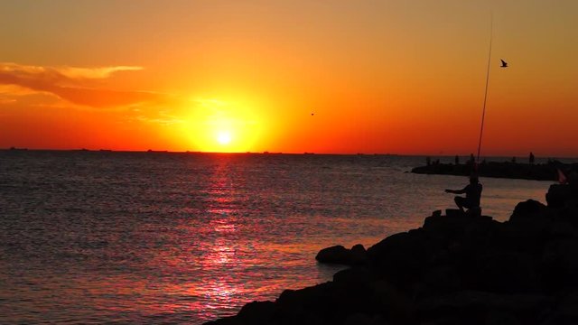 Fishing at sunset at Azov sea