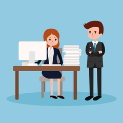 Boss angry at employee.Vector illustration isolated on blue background