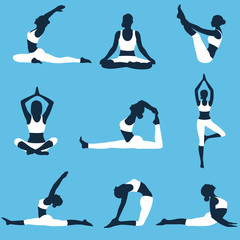 set of yoga silhouettes.yoga positions.Vector illustration isolated on blue background