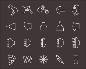 Hair dryer properties icons. Thine line icon set