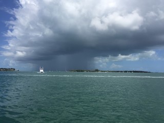 storm clouds over the ocean and an island