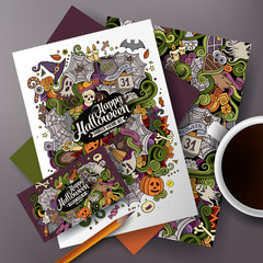 Obraz premium Cartoon cute colorful vector doodles Halloween corporate identity set.