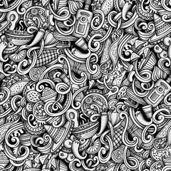 Cartoon hand-drawn doodles Mexican cuisine seamless pattern