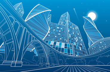 Big bridge, night city on background, industrial and infrastructure illustration, white lines landscape, urban scene, neon town, vector design art