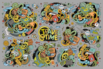 Vector doodle cartoon set of travel theme items