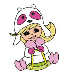 girl sledding on the snow. Isolated on white.