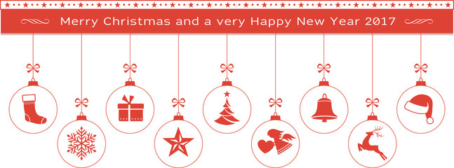 Red Merry Christmas and Happy New Year border with hanging ornam