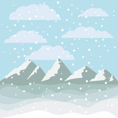Mountains with clouds and snowing. Landscape and merry Christmas season theme. Background design. Vector illustration