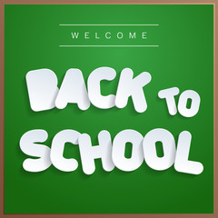 Back to school is written with sticker paper font in white color on solid green background. Modern concept of vector illustration. Best use for posters, print, sale, templates and advertisement.