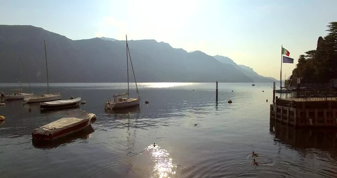 Aerial 4k - Pescallo - Lago di Como (IT) - porticciolo all'alba