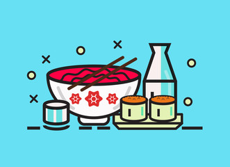 Sushi roll, ramen and sake. Japanese food meal. flat line design vector.