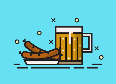 Beer, and grilled sausages. flat line design elements. vector illustration
