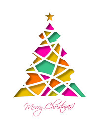 Christmas card with colored christmas tree and star. Vector illustration.