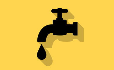 Vector black faucet with long shadow on flat background