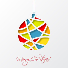 Christmas card template with colorful christmas ball. Vector illustration in cut paper style.