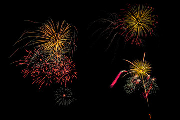 Isolated set of fireworks on black background with clipping path