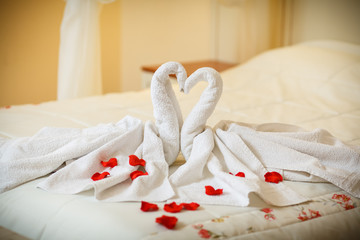 towel decoration in hotel room, birds, swans