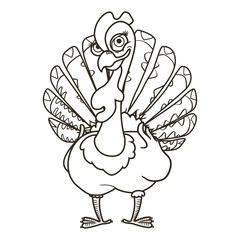 outline coloring cartoon turkey with a smile on white background