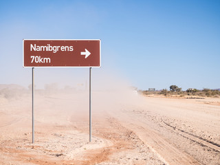 Road sigh for Namibgrens in Namibia, Africa.