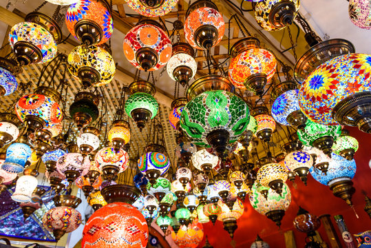 Beautiful Colored Arabian Lamps In Oriental Grand Bazaar Of Istanbul