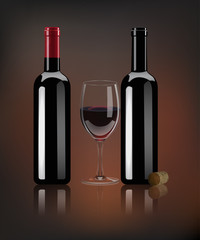 Vector realistic red wine bottles, wine cork and glass with mirror reflection on dark background.