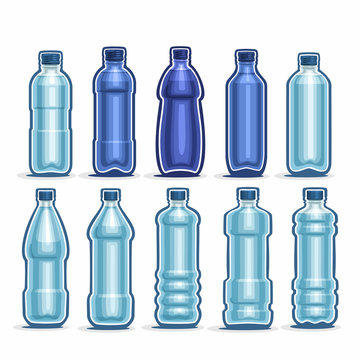 Vector Set logo blue Plastic Bottles with cap for mineral Water, collection of 10 full dark-blue liter container bottle with lid for drinking water or cool fizzy drink isolated on white background.