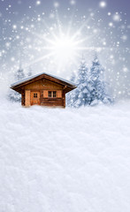 Verschneiter Weihnachtshintergrund mit Schihütte