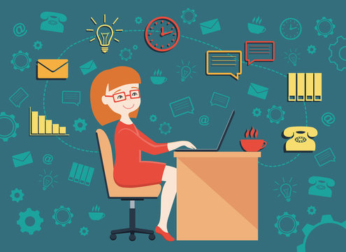 Flat design vector illustration of personal assistant or hard working secretary. Busy secretary woman managing her work with a smile