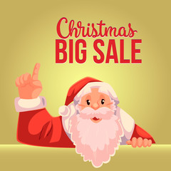 Cartoon style Santa Claus pointing up, Christmas vector big sale banner, gold background, text at the top. Half length portrait of Santa pointing up, Christmas sale banner template