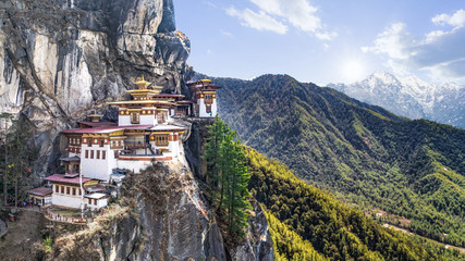 Taktshang Goemba or Tiger's nest Temple or Tiger's nest monastery the beautiful buddhist temple.The most sacred place in Bhutan is located on the high cliff mountain with sky of Paro valley, Bhutan.
