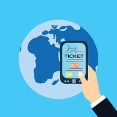 Buy Ticket On-line Smart Phone Application Globe World Map Travel Vacation Trip Booking Air Plane Flight Flat Vector Illustration