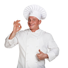 Chef man isolated over white background.