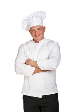 Chef man isolated over white background.