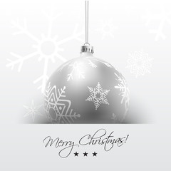 Christmas card with silver ball in white snowflakes background, vector illustration.