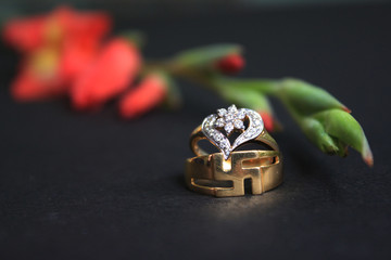 Wedding rings isolated on black background. Bride and Groom rings with colorful flower sticks.